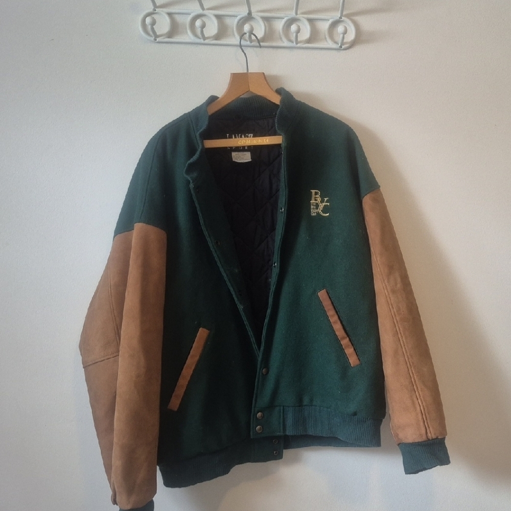 Color-Blocked Green and Tan Varsity Jacket with Zipper Details
